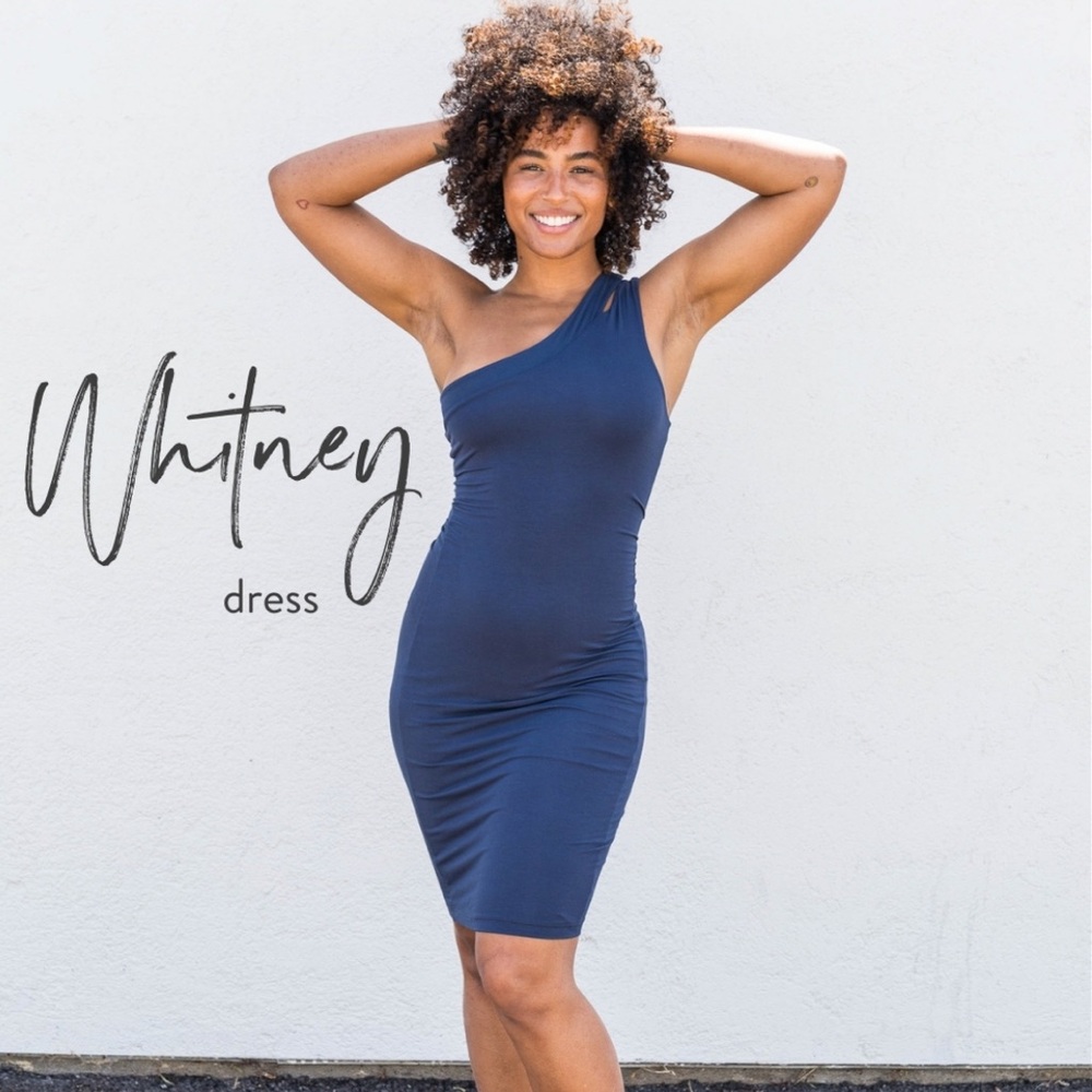 Sozy Whitney Super Soft Buttery One-Shoulder Dark Blue Navy Dress